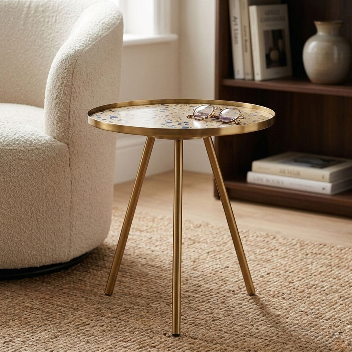 Corra Gold Finish Side Table with Antique Glass Top