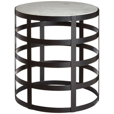 Black and Natural Marble Top Side Table with Grid Metal Base, Corina