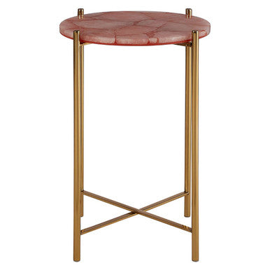 Gold and Pink Quartz Top Side Table with Gold Steel Cross Base, Vita