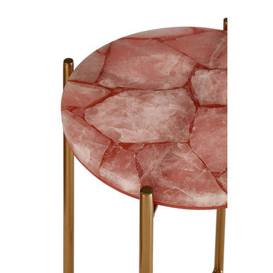 Gold and Pink Quartz Top Side Table with Gold Steel Cross Base, Vita