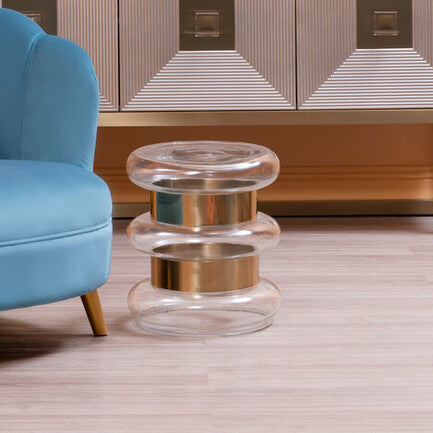 Gold Finish Side Table with Clear Circular Glass Sides and Steel Frame, Margot