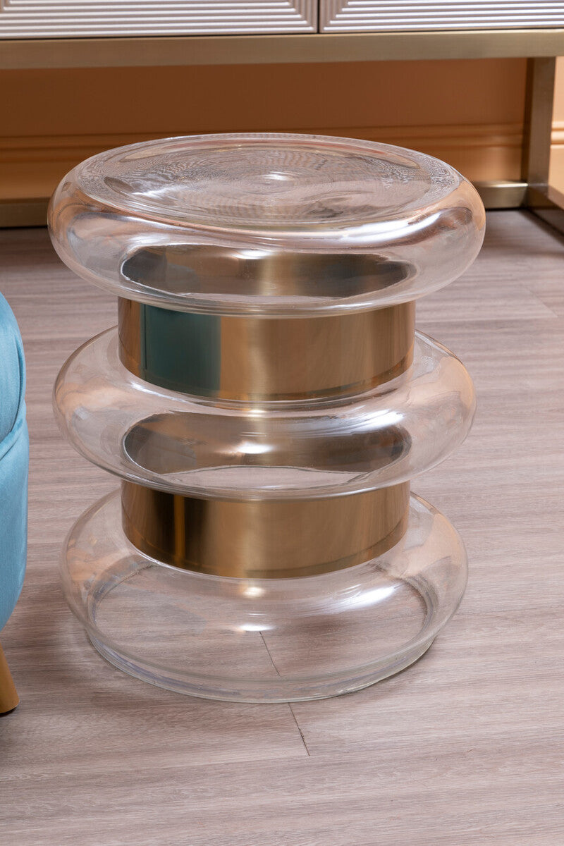 Gold Finish Side Table with Clear Circular Glass Sides and Steel Frame, Margot