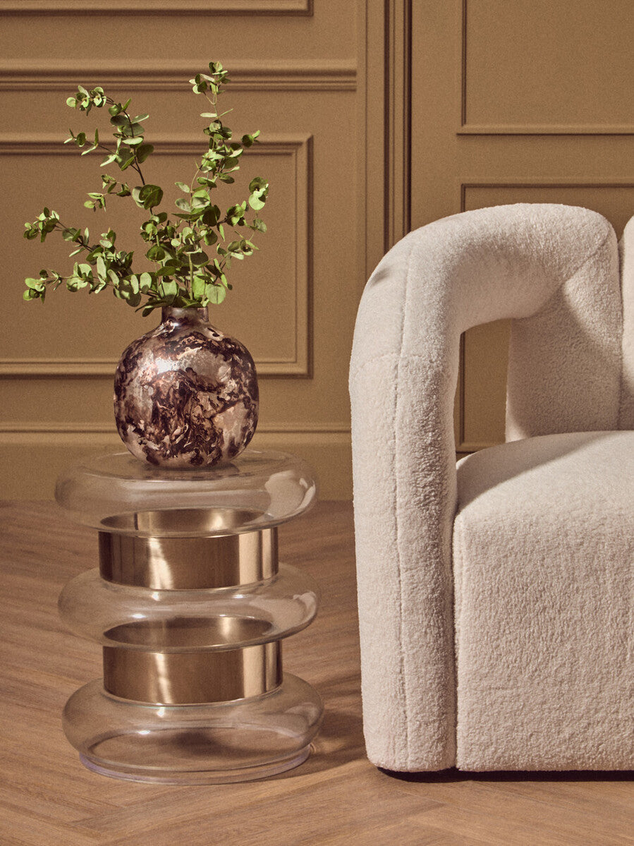 Gold Finish Side Table with Clear Circular Glass Sides and Steel Frame, Margot