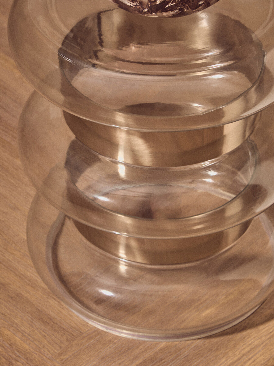 Gold Finish Side Table with Clear Circular Glass Sides and Steel Frame, Margot