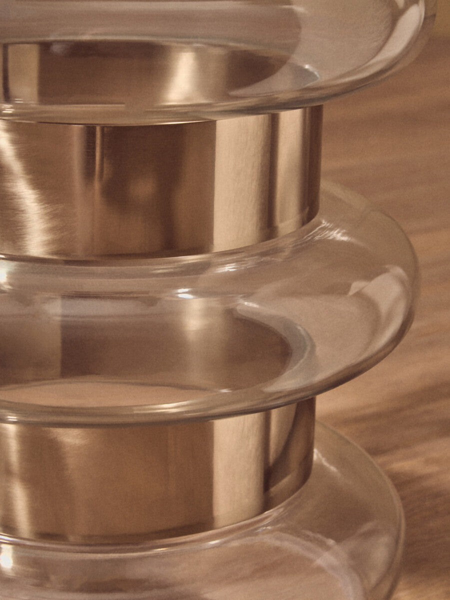 Gold Finish Side Table with Clear Circular Glass Sides and Steel Frame, Margot