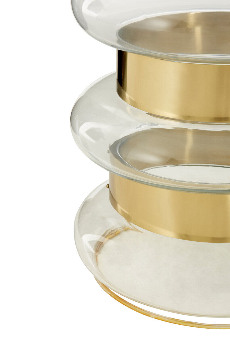 Gold Finish Side Table with Clear Circular Glass Sides and Steel Frame, Margot