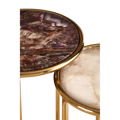 Amethyst Top Set of 2 Nesting Side Tables with Reflective Gold Finish Metal Frame | Vita