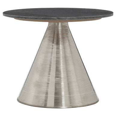 Grey Marble Top Side Table with Metallic Silver Finish Textured Base, Martini