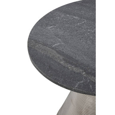 Grey Marble Top Side Table with Metallic Silver Finish Textured Base, Martini