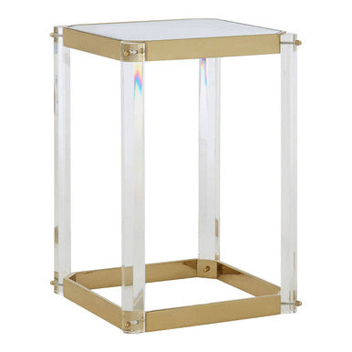 Clear Mirrored Top Side Table with Clear Acrylic Legs and Gold Finish Frame, Miley