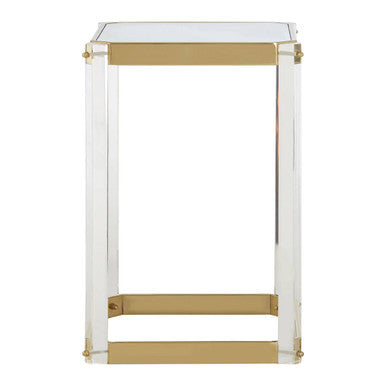 Clear Mirrored Top Side Table with Clear Acrylic Legs and Gold Finish Frame, Miley