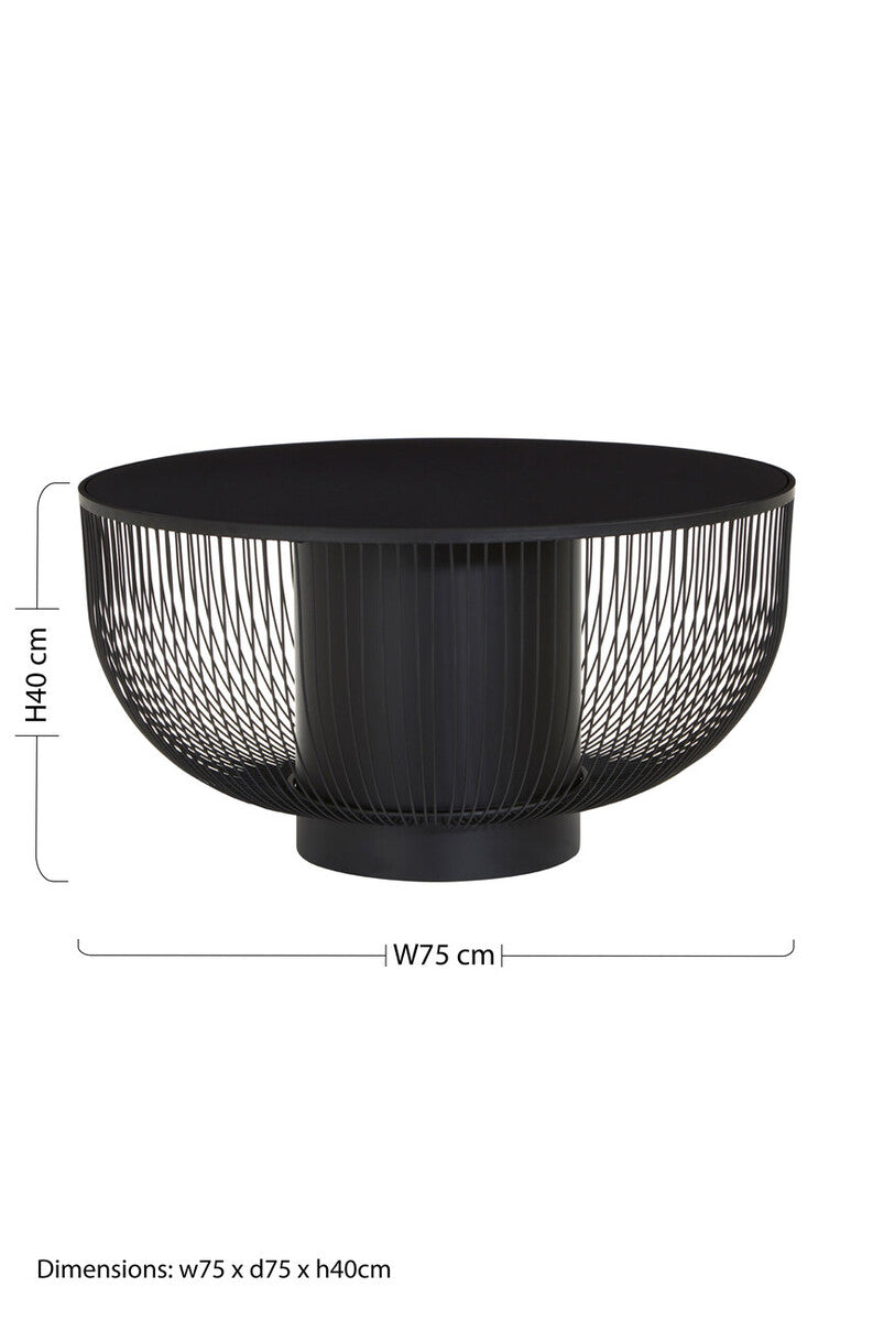 Trento Black Glass and Metal Round Coffee Table with Cylindrical Base