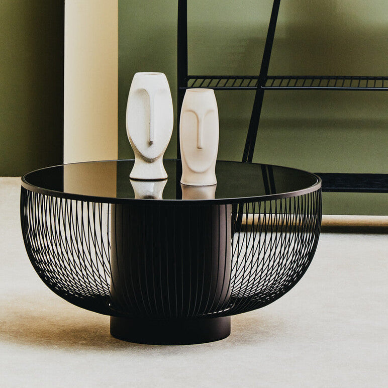 Trento Black Glass and Metal Round Coffee Table with Cylindrical Base