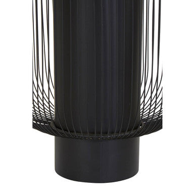 Black Glass Top Round End Table with Matte Black Cylindrical Wireframe Base, Trento