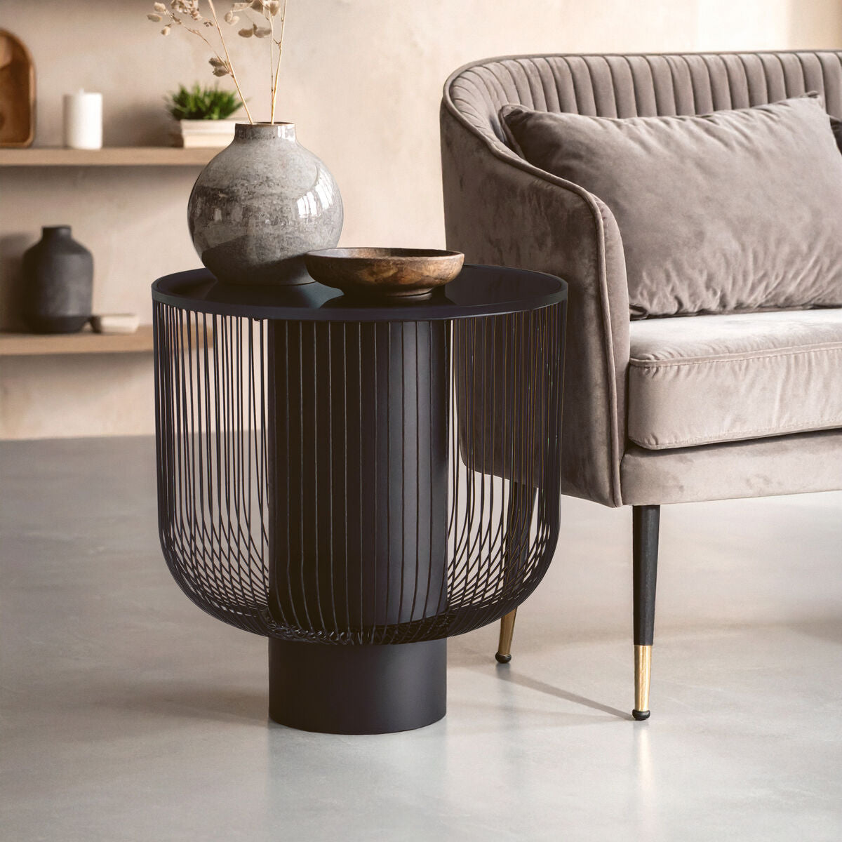 Black Glass Top Round End Table with Matte Black Cylindrical Wireframe Base, Trento