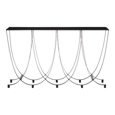 Black Glass Top Console Table with Black Iron Overlapping Curved Base, Trento