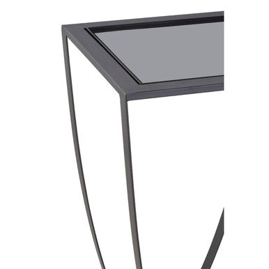 Grey Glass Top Console Table with Black Iron Overlapping Curved Base, Trento