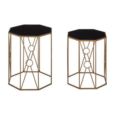 Set of 2 Black Glass Hexagon End Tables with Copper Finish Metal Cross Frame Base, Trento