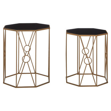 Set of 2 Black Glass Hexagon End Tables with Copper Finish Metal Cross Frame Base, Trento