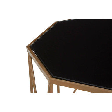 Set of 2 Black Glass Hexagon End Tables with Copper Finish Metal Cross Frame Base, Trento