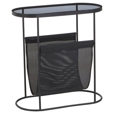 Grey Glass Top Side Table with Black Metal Frame and Hanging Mesh Shelf, Trento