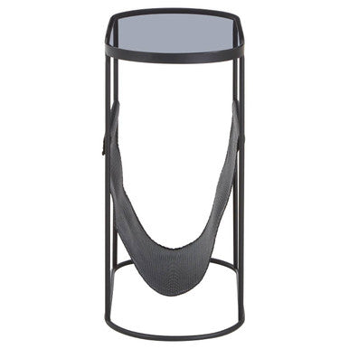 Grey Glass Top Side Table with Black Metal Frame and Hanging Mesh Shelf | Trento