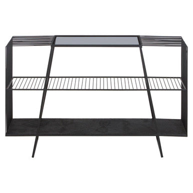 Grey Glass Console Table with Two Open Shelves and Black Metal Frame, Trento