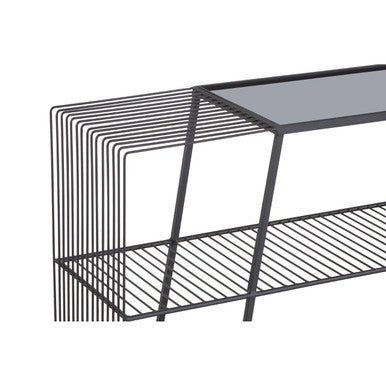 Grey Glass Console Table with Two Open Shelves and Black Metal Frame, Trento