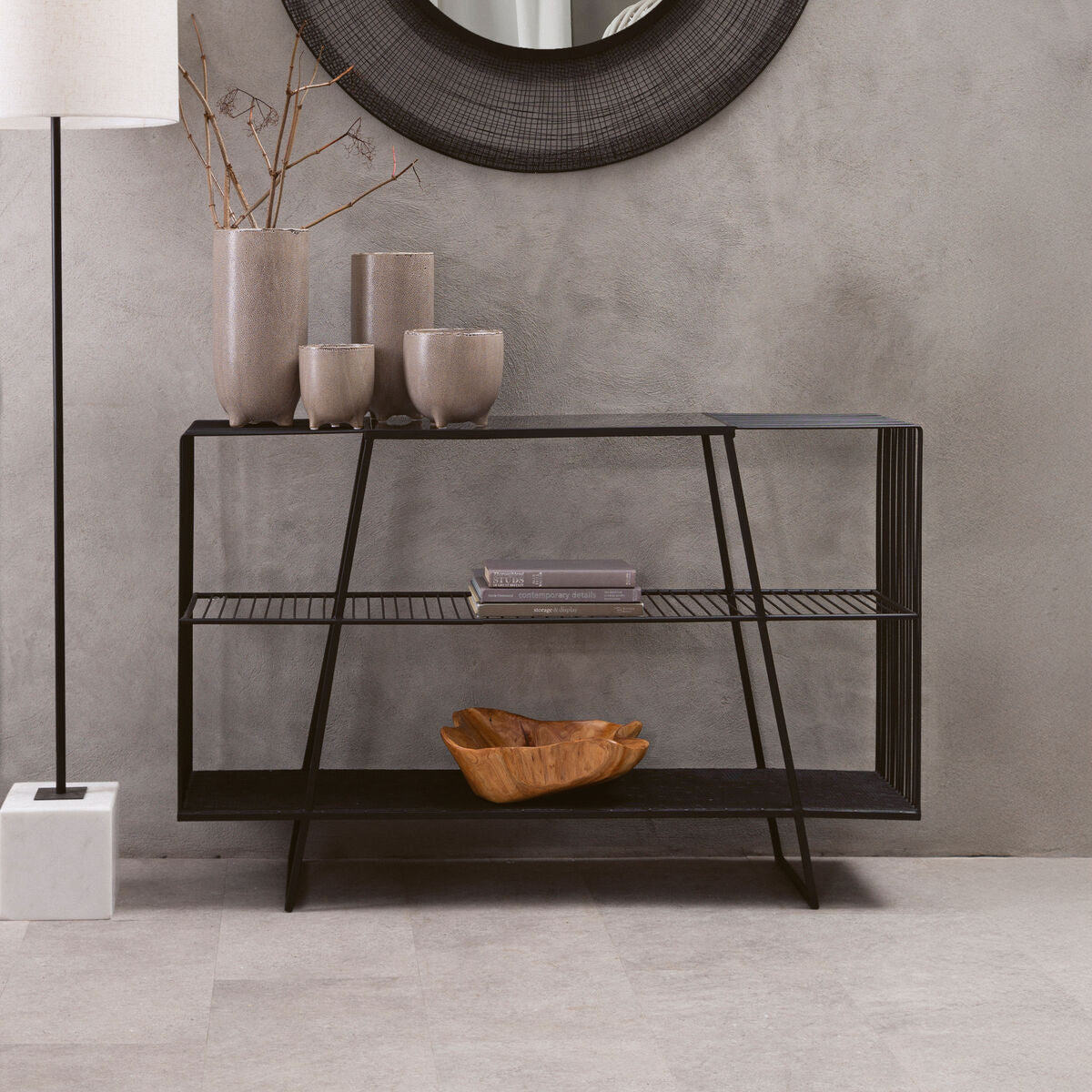 Grey Glass Console Table with Two Open Shelves and Black Metal Frame, Trento