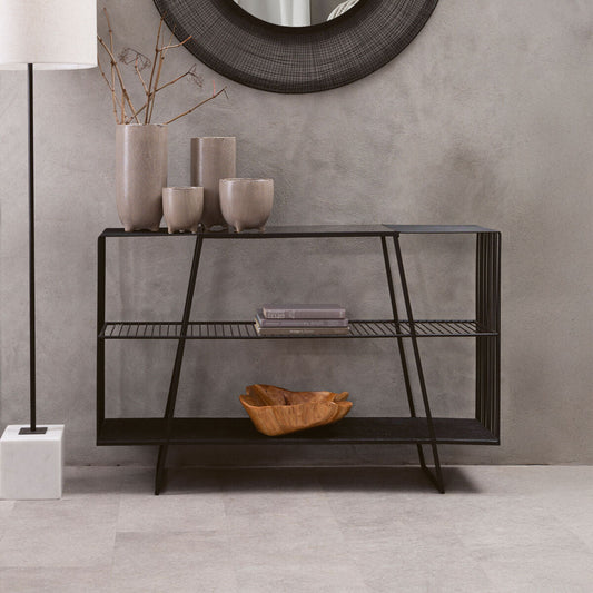 Grey Glass Console Table with Two Open Shelves and Black Metal Frame, Trento