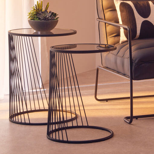 Set of 2 Grey Glass Top Nesting Side Tables with Black Metal Wire Frame | Trento