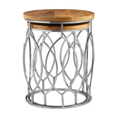 Set of 2 Natural Mango Wood Round Top Side Tables with Reflective Stainless Steel Base, Agra