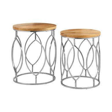 Set of 2 Natural Mango Wood Round Top Side Tables with Reflective Stainless Steel Base, Agra