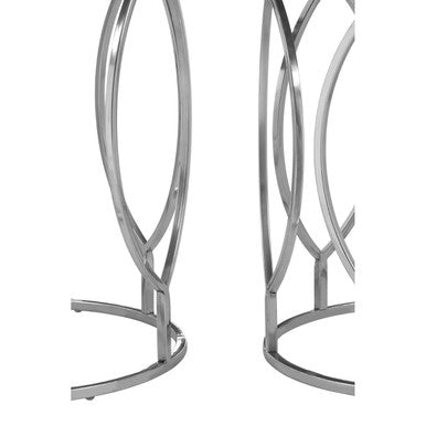 Set of 2 Natural Mango Wood Round Top Side Tables with Reflective Stainless Steel Base, Agra