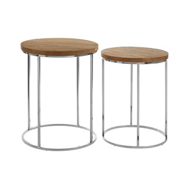 Set of 2 Natural Mango Wood Top Round Side Tables with Stainless Steel Base in Metallic Finish, Agra