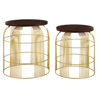 Set of 2 Brown Mango Wood Side Tables with Gold Finish Metal Base, Agra