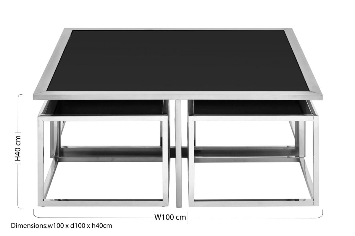 Black Tempered Glass Top and Silver Stainless Steel Frame Coffee Table with 4 Nesting Stools, Horizon