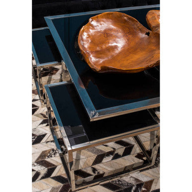 Black Tempered Glass Top and Silver Stainless Steel Frame Coffee Table with 4 Nesting Stools, Horizon