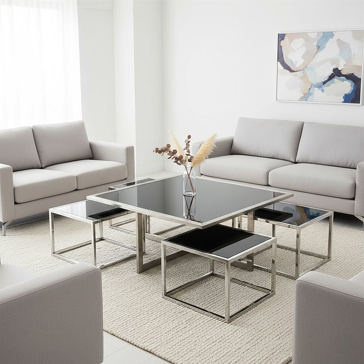 Black Tempered Glass Top and Silver Stainless Steel Frame Coffee Table with 4 Nesting Stools, Horizon