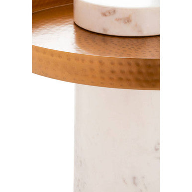 Antique Brass Hammered Iron Top Side Table with White Marble Column Base, Sika