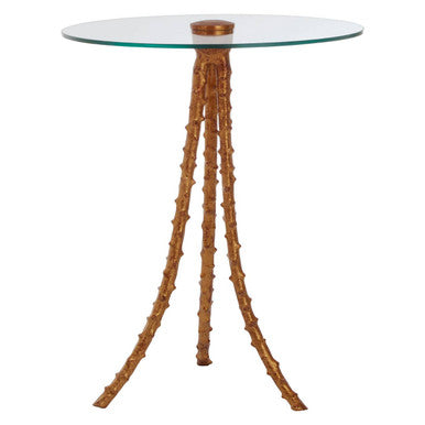 Clear Glass Top Large Side Table with Warm Gold Finish Iron Tripod Base, Sika