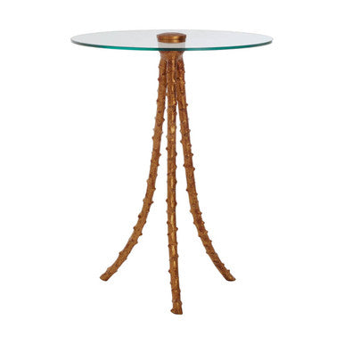 Clear Glass Top Large Side Table with Warm Gold Finish Iron Tripod Base, Sika