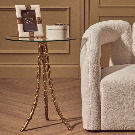 Clear Glass Top Large Side Table with Warm Gold Finish Iron Tripod Base, Sika