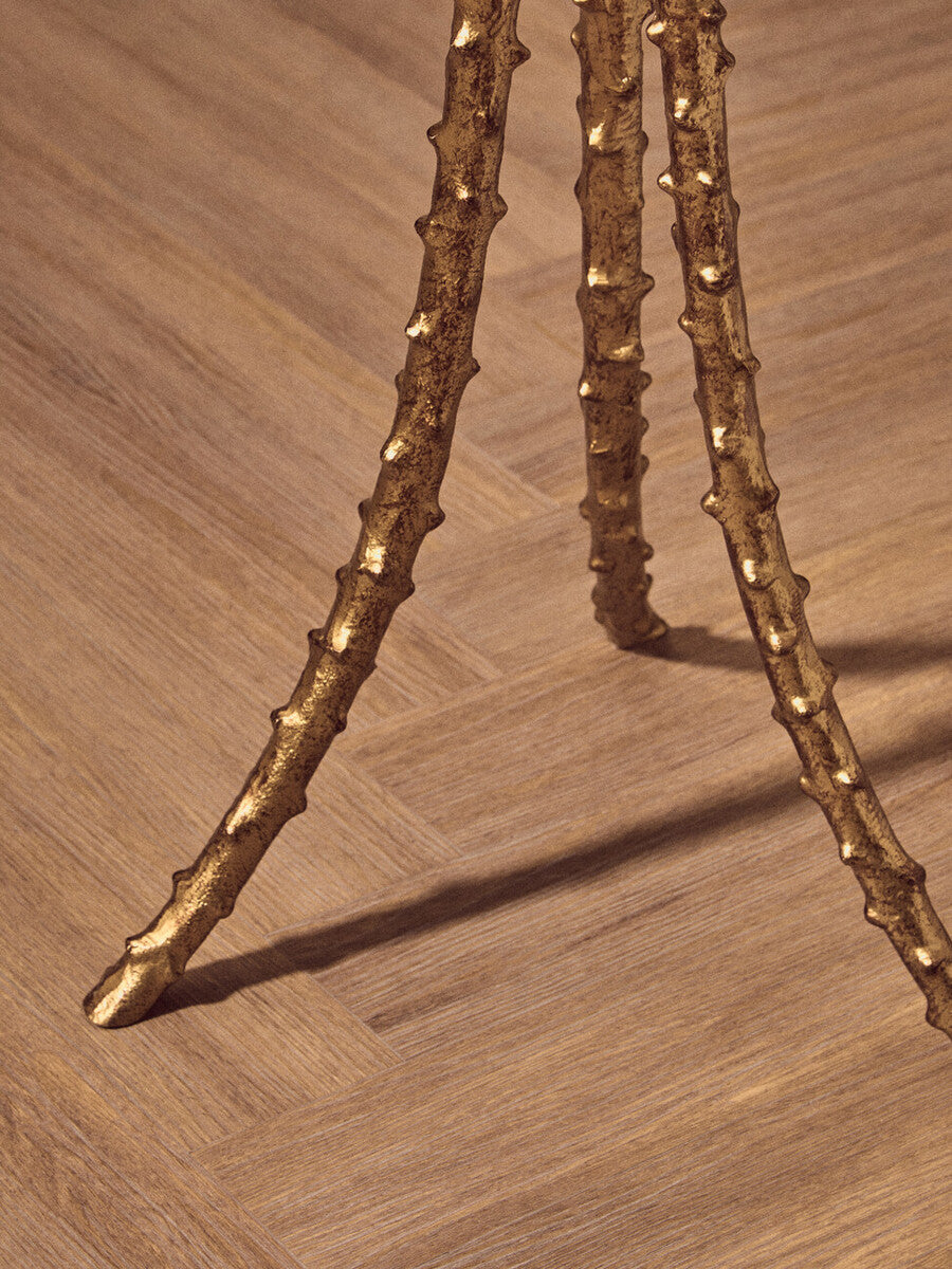 Clear Glass Top Large Side Table with Warm Gold Finish Iron Tripod Base, Sika