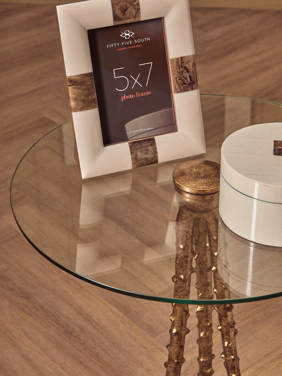 Clear Glass Top Large Side Table with Warm Gold Finish Iron Tripod Base, Sika