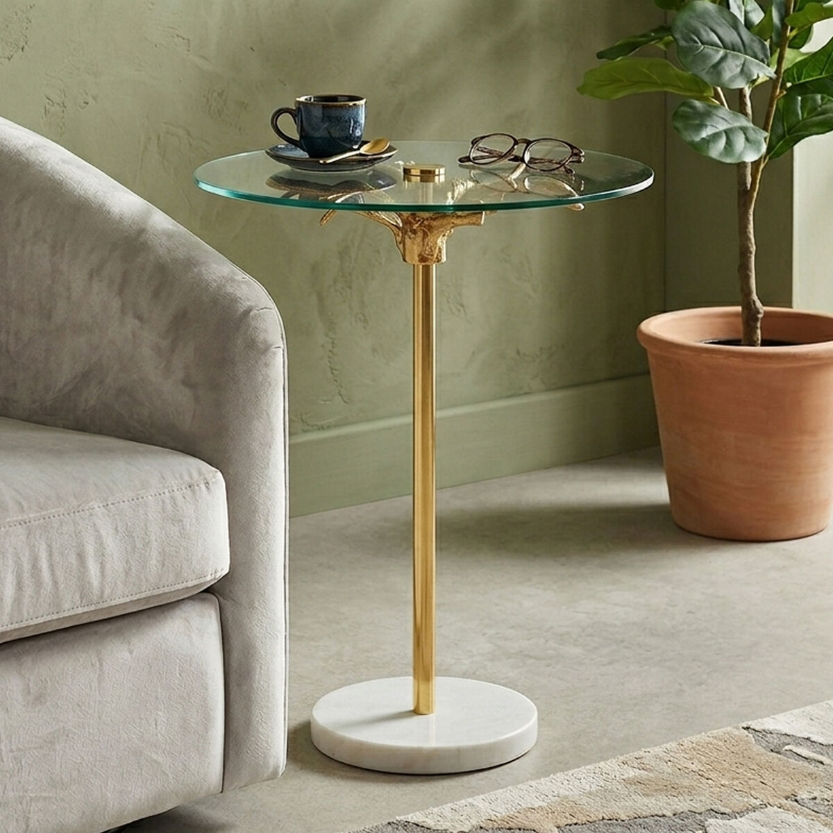 Sika Clear Glass and gold Finish Round Side Table
