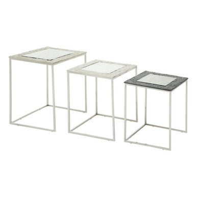 Antique Glass Top Rectangular Set of 3 Nesting Side Tables with Nickel and Gunmetal Frame, Akola
