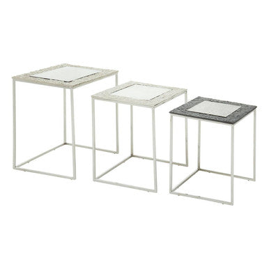 Antique Glass Top Rectangular Set of 3 Nesting Side Tables with Nickel and Gunmetal Frame, Akola
