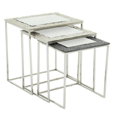 Antique Glass Top Rectangular Set of 3 Nesting Side Tables with Nickel and Gunmetal Frame, Akola