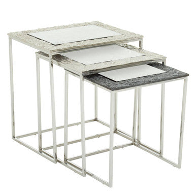 Antique Glass Top Rectangular Set of 3 Nesting Side Tables with Nickel and Gunmetal Frame, Akola